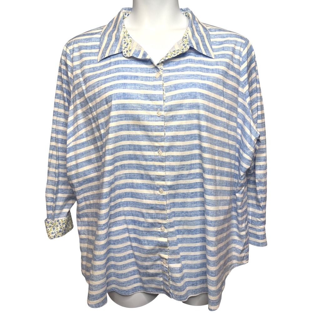 SUSAN GRAVER Womens Blue Striped Button Shirt 22W Floral Trim Casual Cottagecore